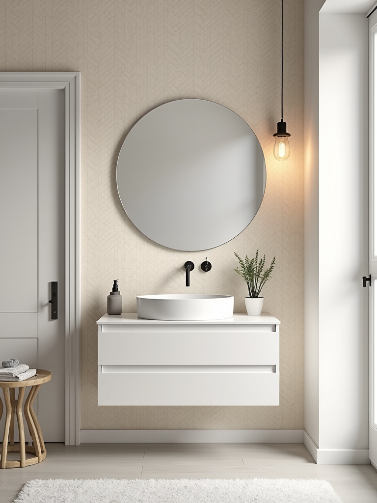 Modern farmhouse bathroom featuring beige geometric wallpaper with a subtle hexagon pattern, blending contemporary design with rustic tones.