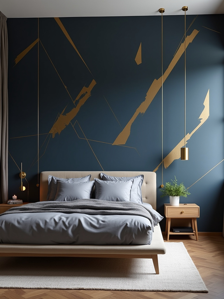 A modern bedroom with a striking navy and gold geometric patterned wallpaper, complemented by a platform bed and brass fixtures, illuminated with soft ambient light.