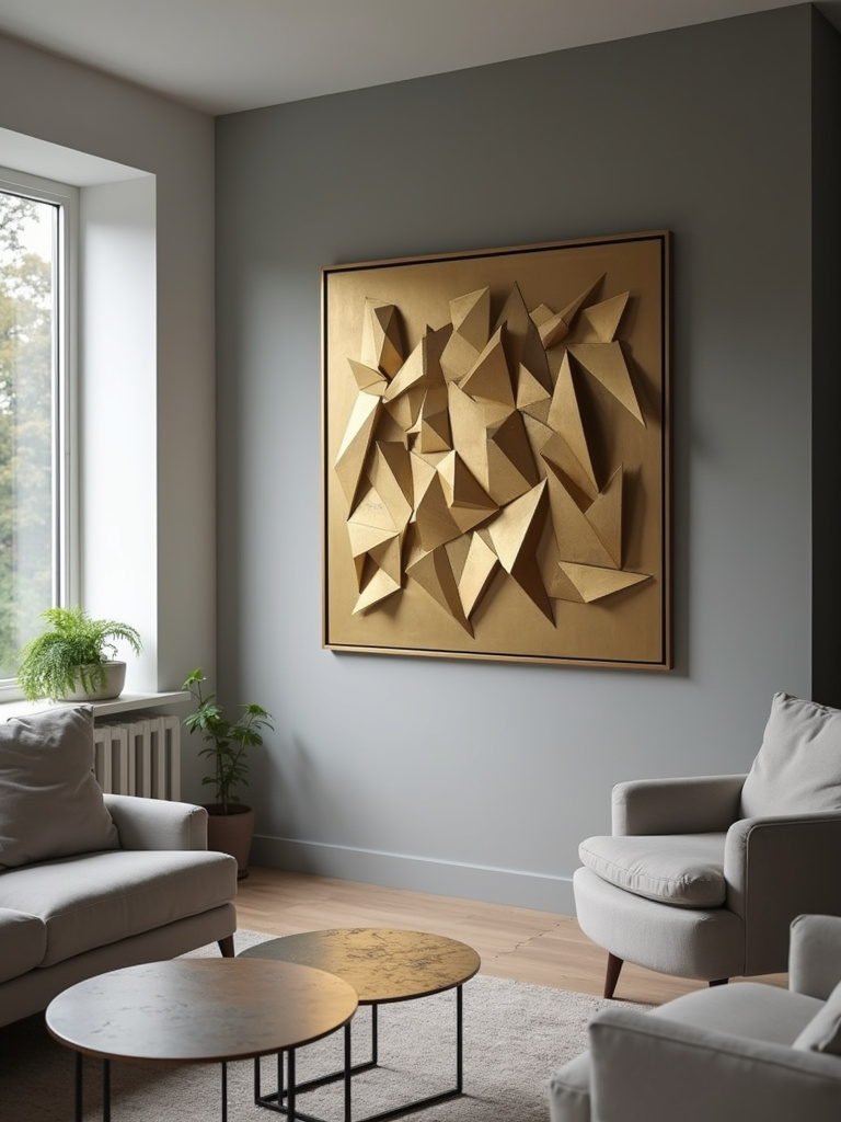 Living room with a gold metal geometric artwork mounted on a modern grey painted wall.