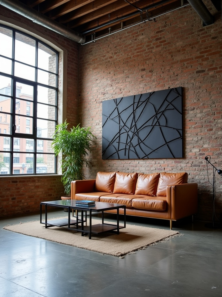 Modern industrial living room with a large black geometric metal wall sculpture above a leather sofa and exposed brick wall.