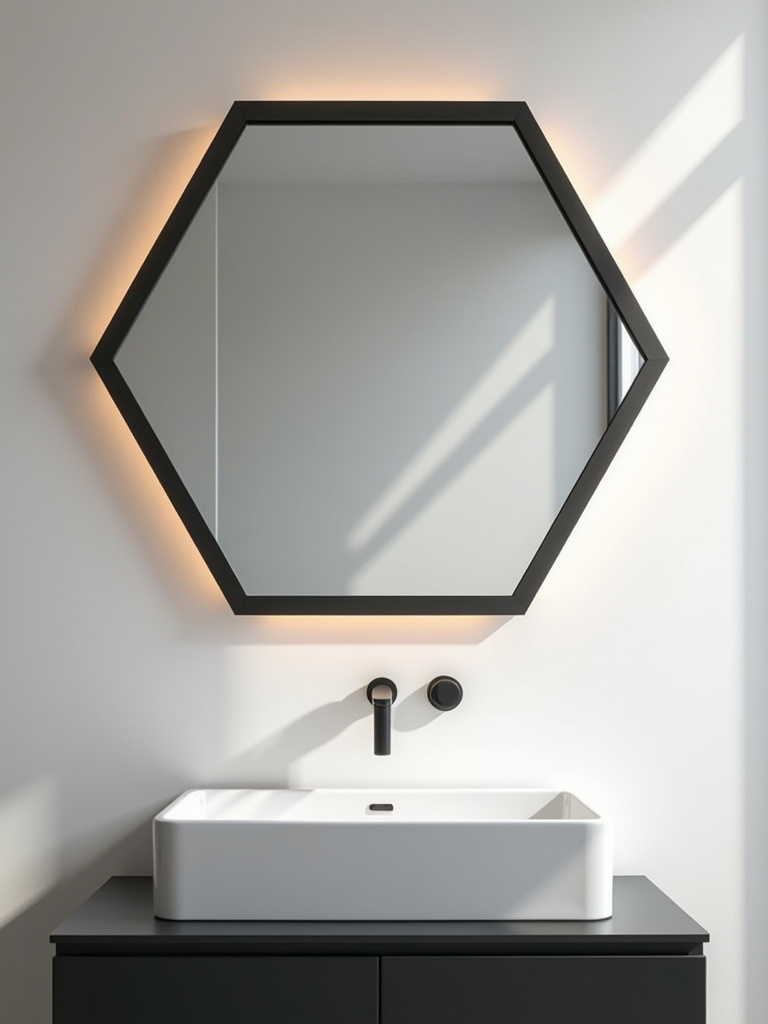 Modern bathroom with a hexagonal geometric mirror above a minimalist vanity, creating an edgy and contemporary look.