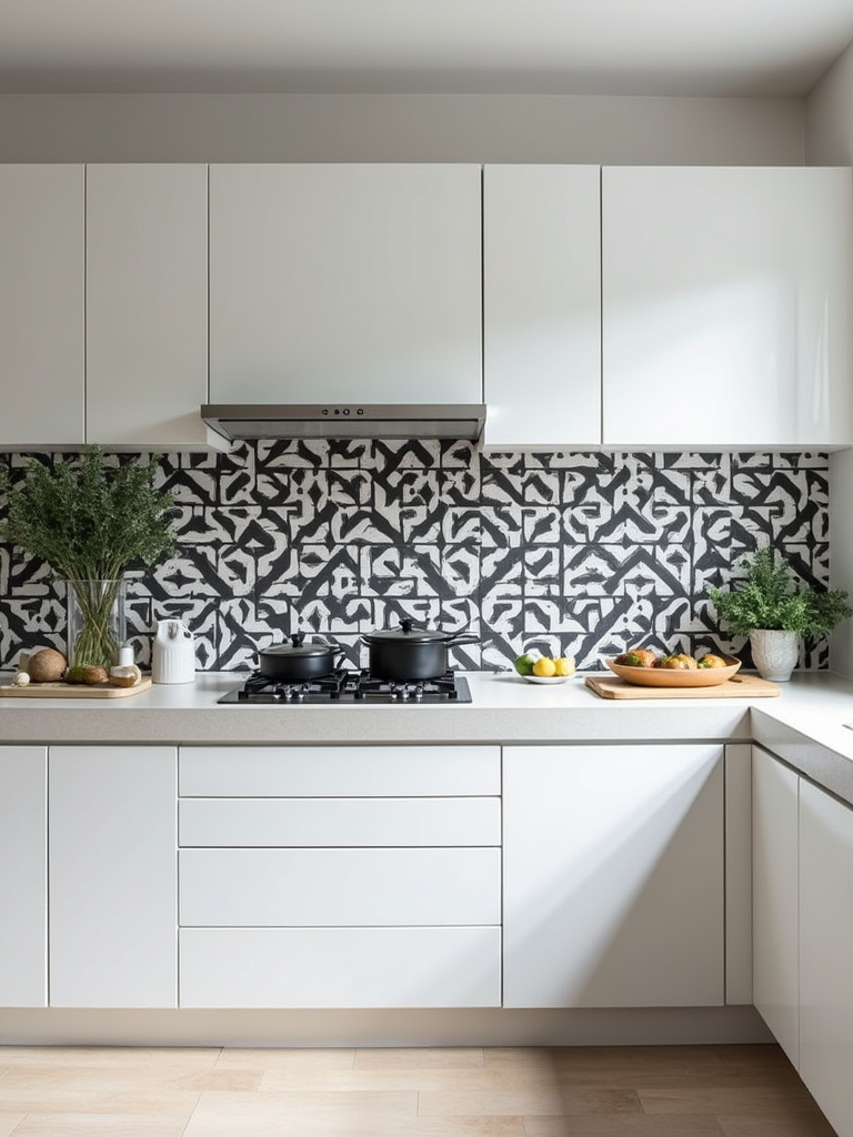 A minimalist kitchen with a geometric patterned backsplash, highlighting the contrasting black and white tiles for a focal design.