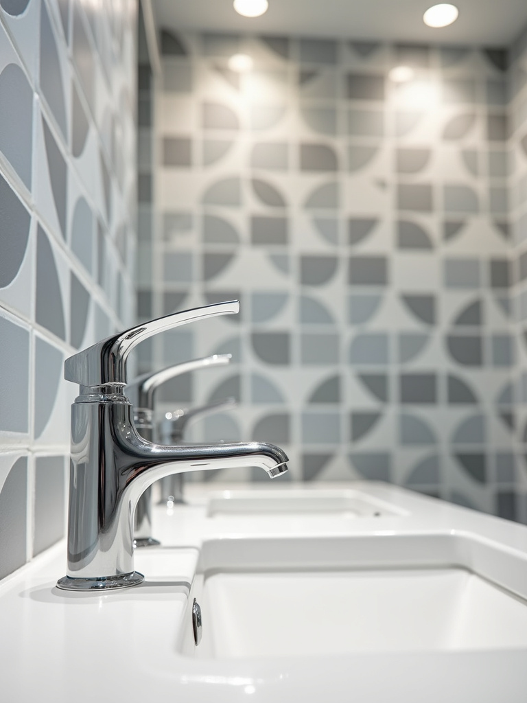 Contemporary bathroom featuring a gray and white geometric patterned tile wall and modern fixtures.
