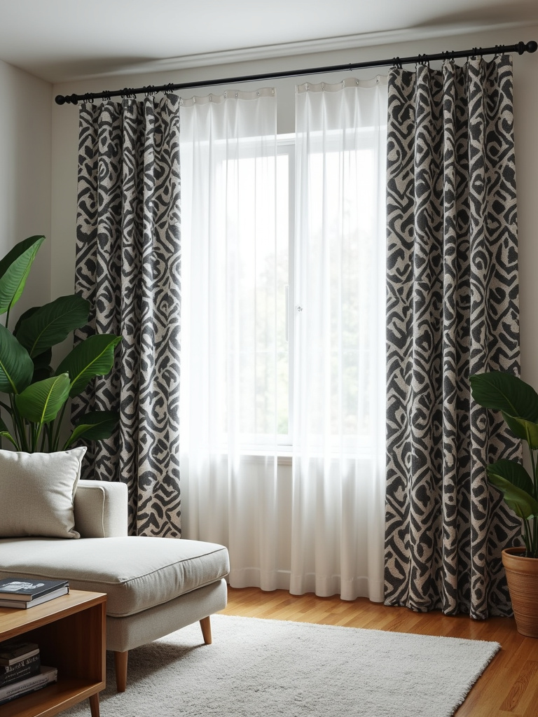 Black and white geometric pattern curtains in a contemporary living room