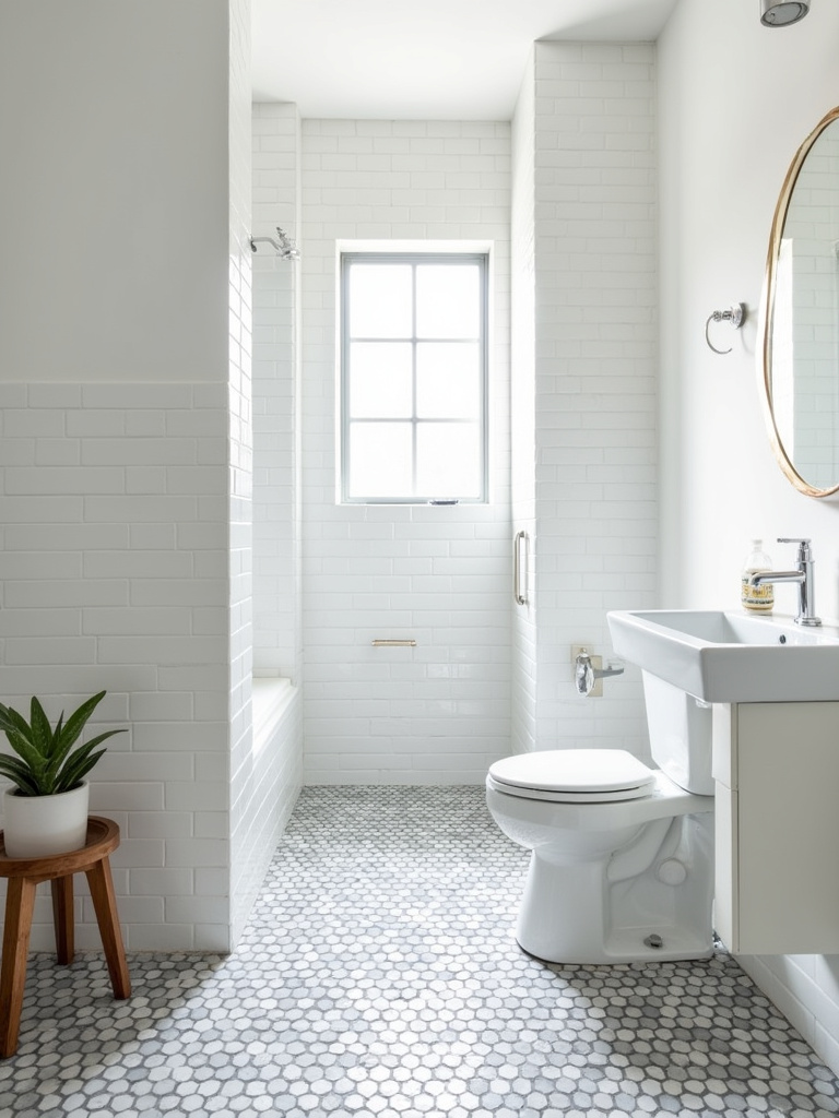 Modern minimalist bathroom with a geometric hexagon tile floor in gray and white and white subway tile walls.