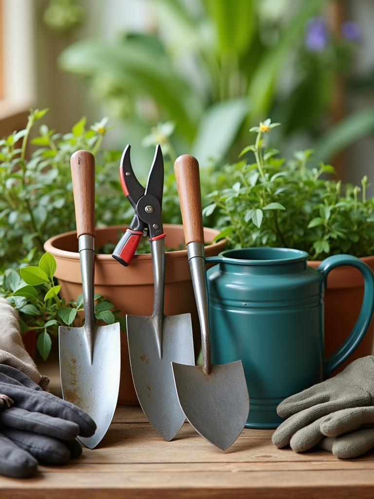 Collection of essential gardening tools neatly arranged, including a trowel, rake, pruners, gloves, and watering can, showcasing basic gardening equipment.