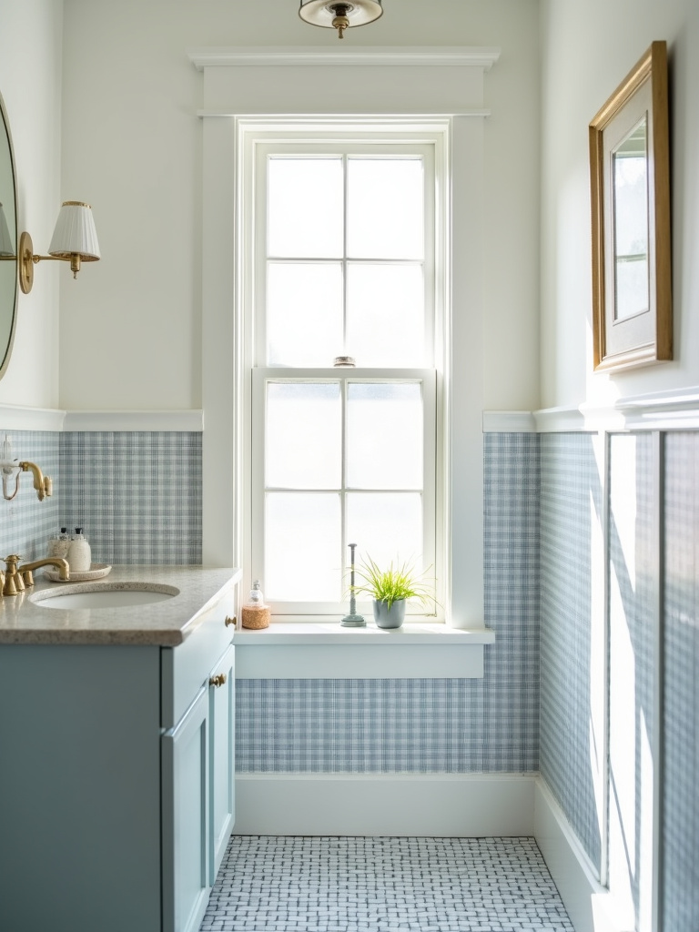 Playful farmhouse bathroom featuring classic blue and white gingham wallpaper for a cheerful and inviting atmosphere.
