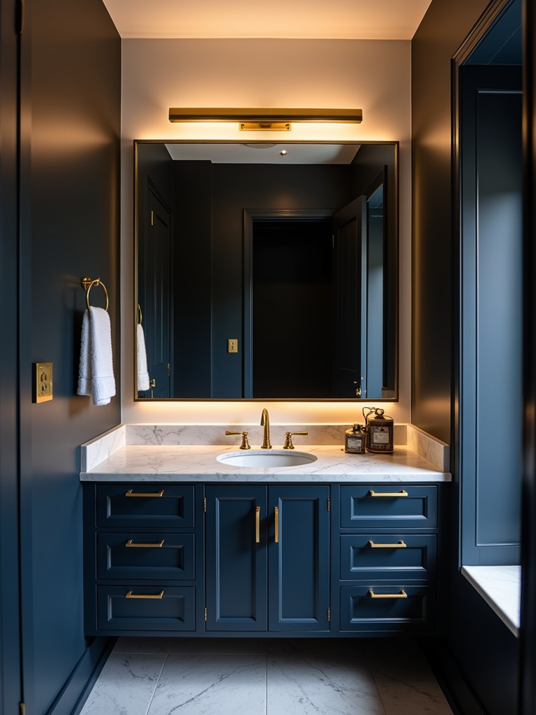 Glamorous bathroom with a gold vanity bar above a dark navy vanity.