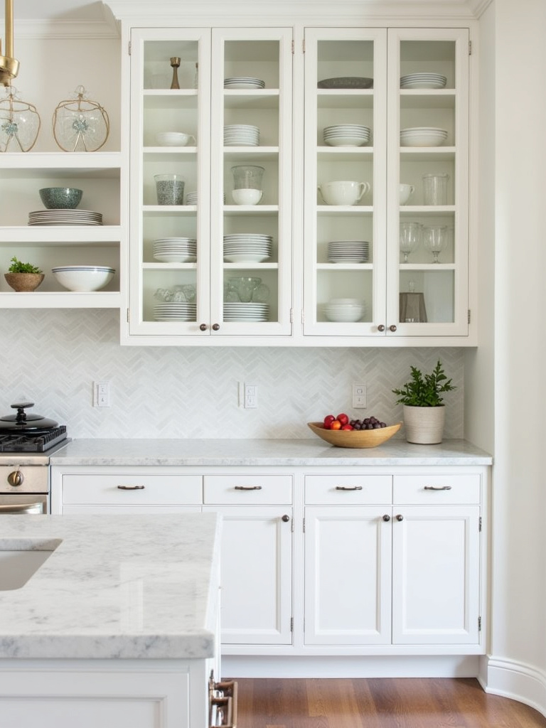 Professional kitchen photograph, full kitchen scene, modern kitchen with white shaker cabinets and glass-front upper cabinets, open shelving, marble countertops, pendant lighting, eye-level shot, no people, focus on the glass-front cabinets and displayed items, soft, inviting lighting.