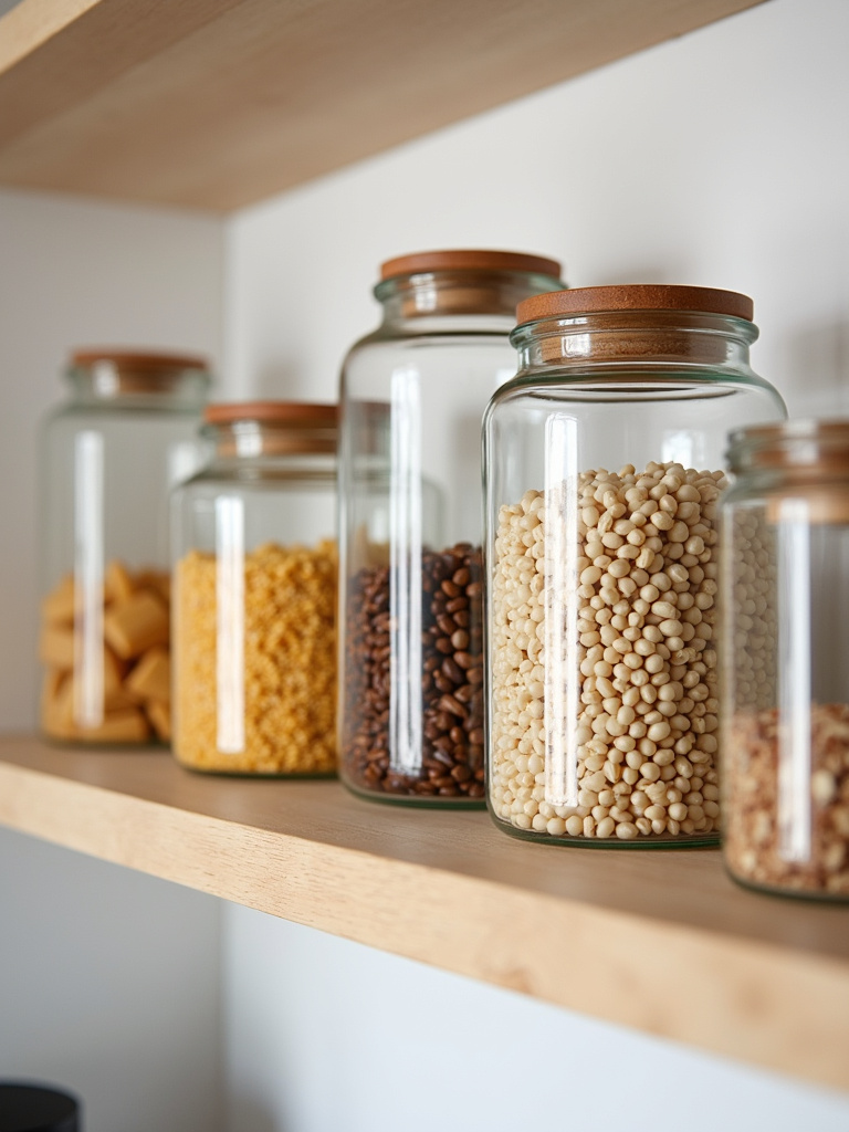 Clear glass storage jars filled with pantry staples on a light wood shelf in a Scandinavian kitchen