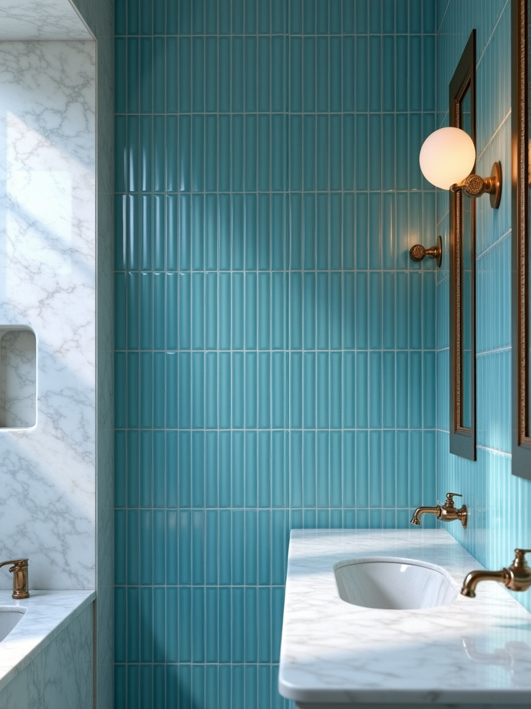 A bathroom with glossy blue glass tiles that beautifully reflect the light.