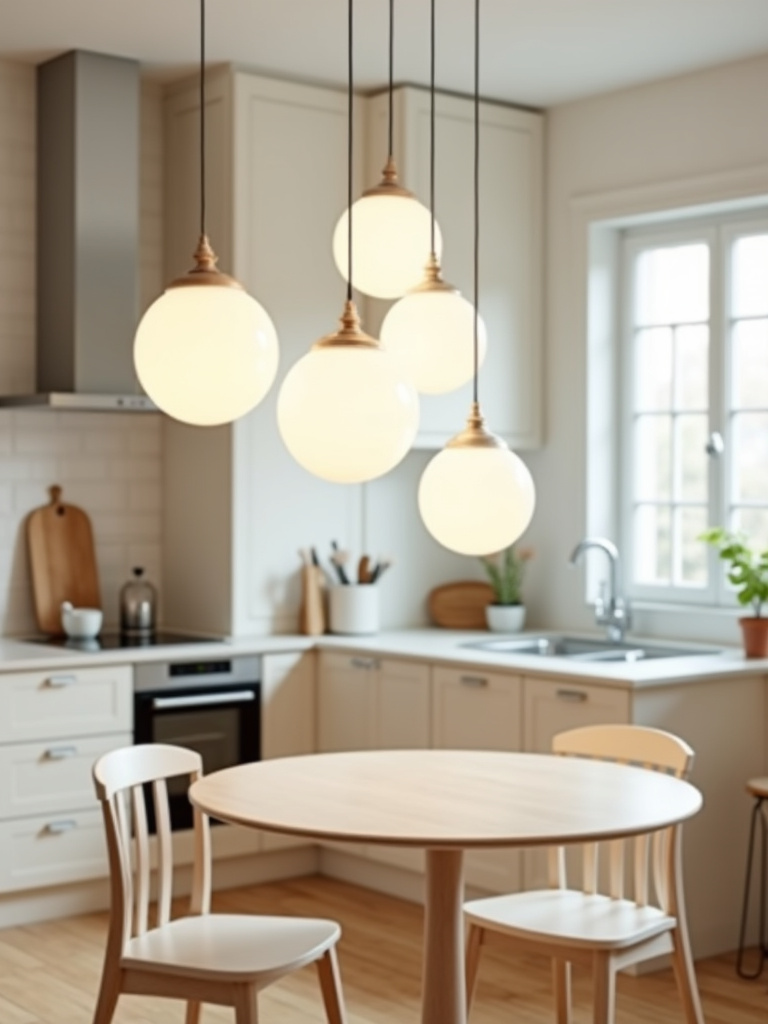 A modern kitchen with globe pendants hanging above a round table.