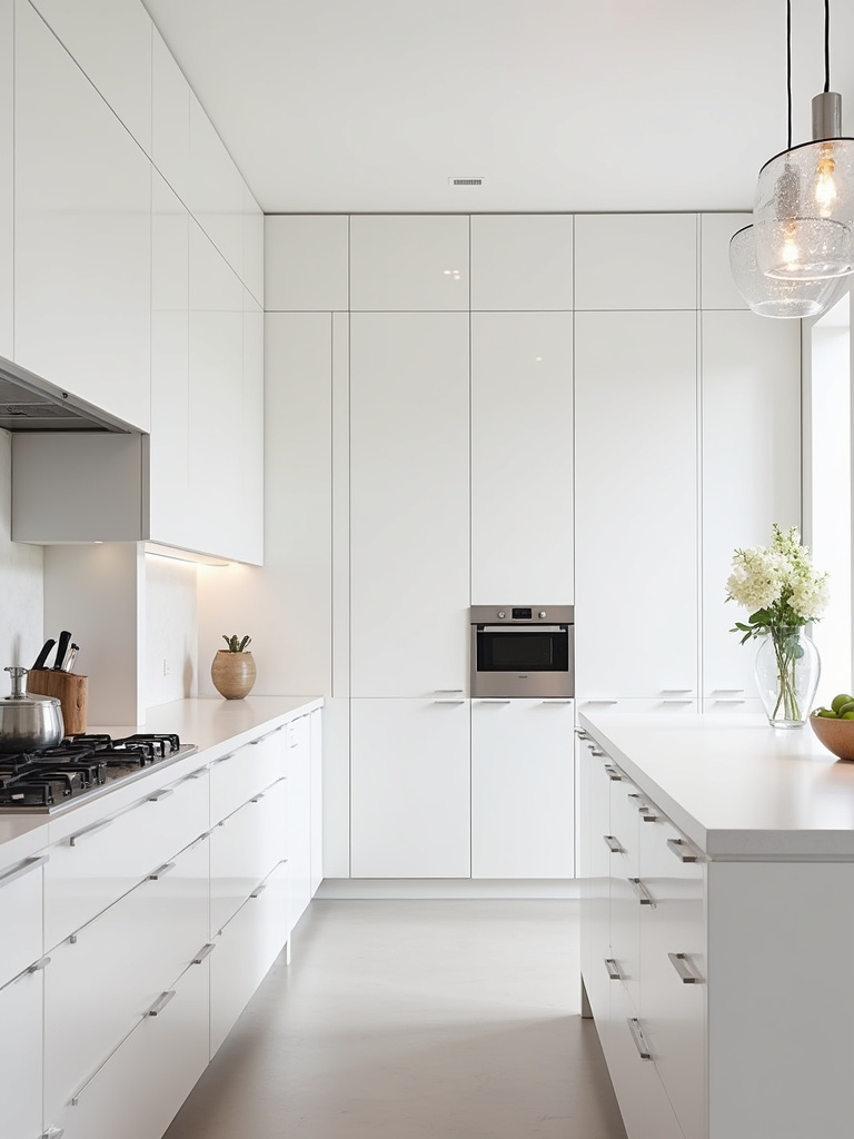 Glamorous glossy white kitchen with chrome hardware.
