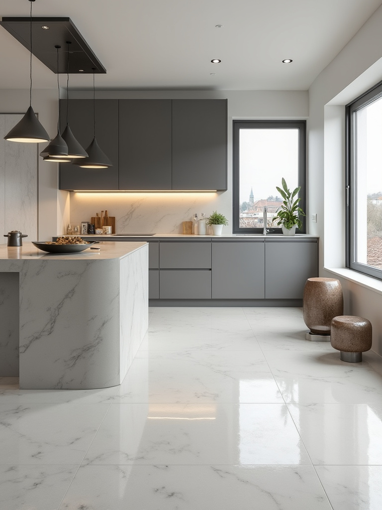 “Modern minimalist kitchen with large format light grey porcelain floor tiles, sleek handleless cabinets, and a waterfall countertop island.”