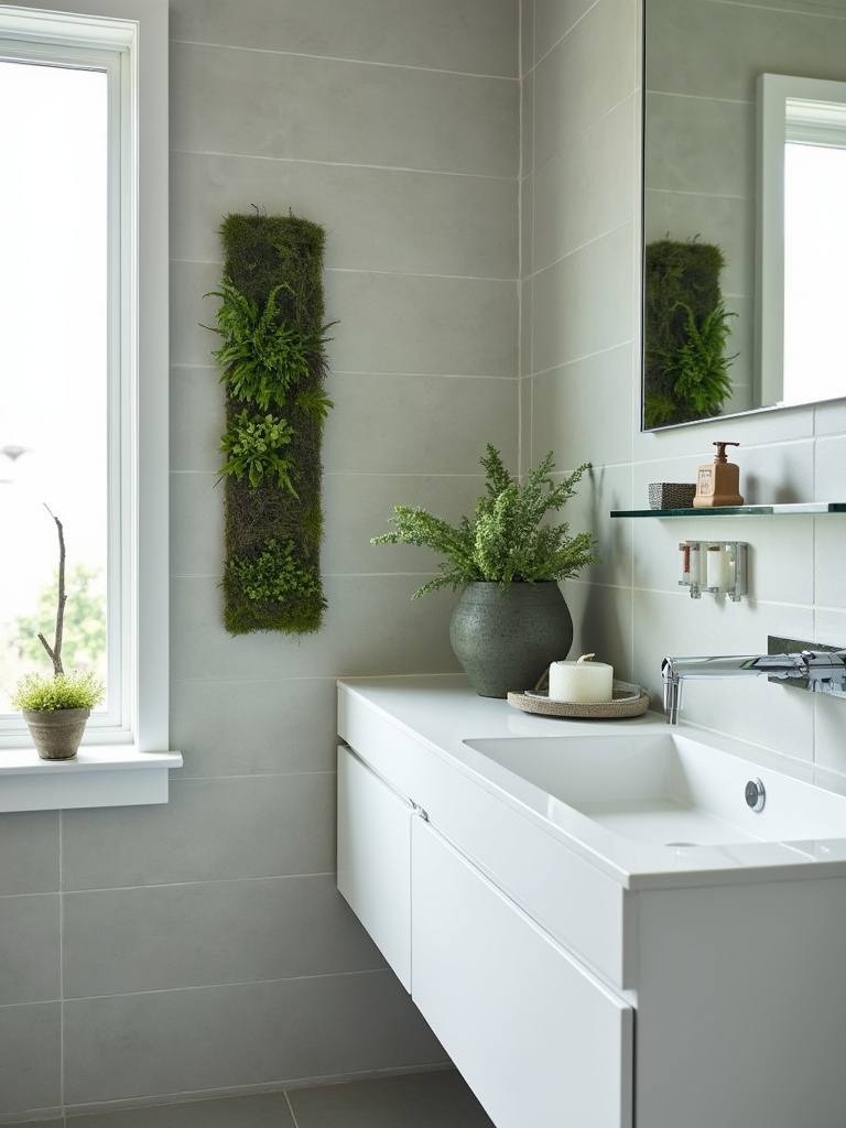 Modern bathroom featuring a small vertical living wall panel made of moss and ferns, bringing a green and natural element as wall decoration.