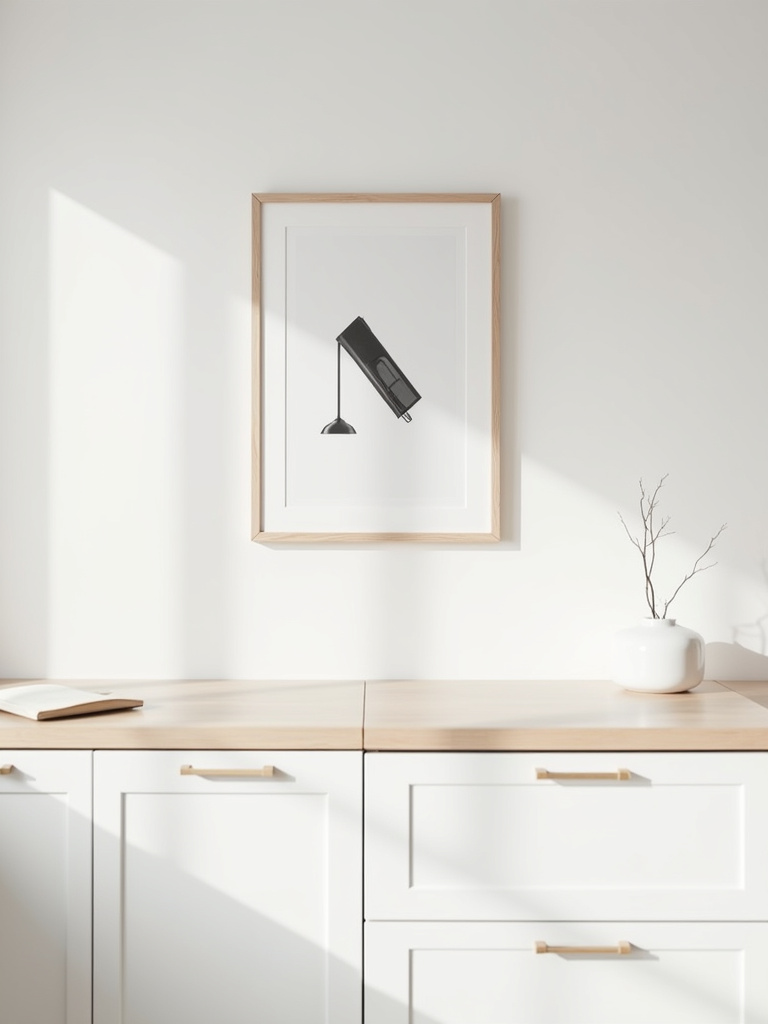 Framed graphic black and white print on a white wall in a minimalist Scandinavian kitchen