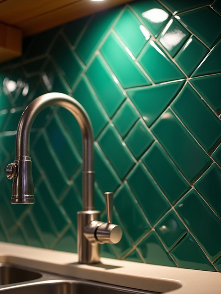 Close-up of emerald green herringbone subway tile backsplash in a kitchen with a stainless steel faucet