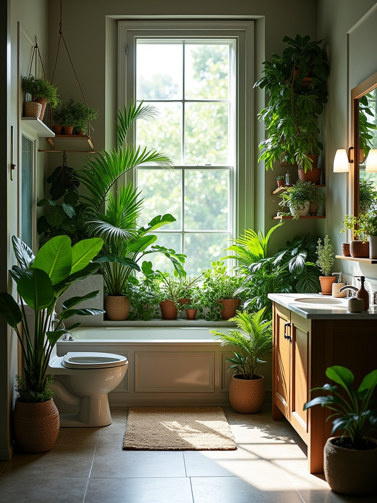 Tropical bathroom filled with lush greenery, including potted plants on shelves, vanity, and windowsill.
