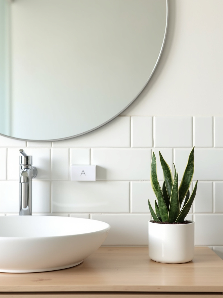 Minimalist bathroom featuring a small green snake plant in a white pot adding a touch of nature.