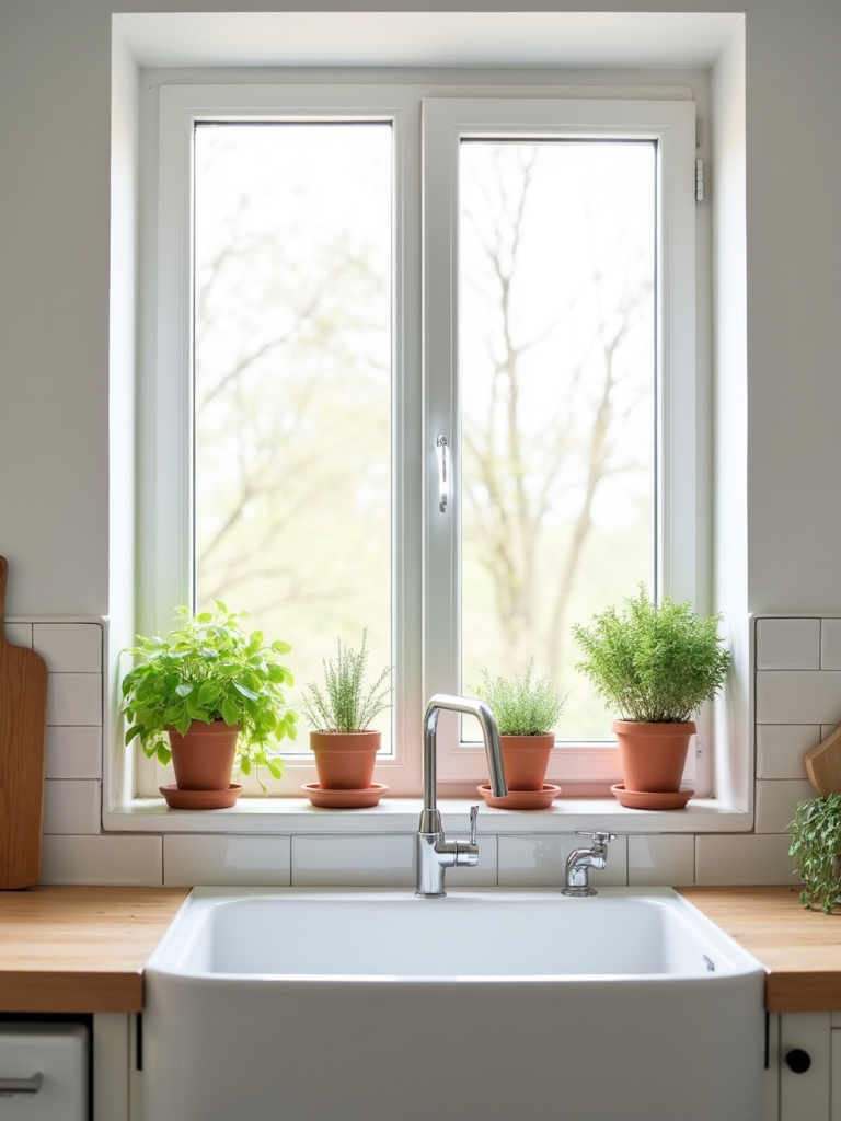 Terracotta pots with green herbs on a white windowsill in a Scandinavian kitchen