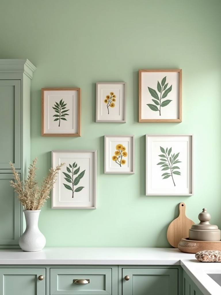 Kitchen wall with a gallery wall of framed botanical prints against light green paint