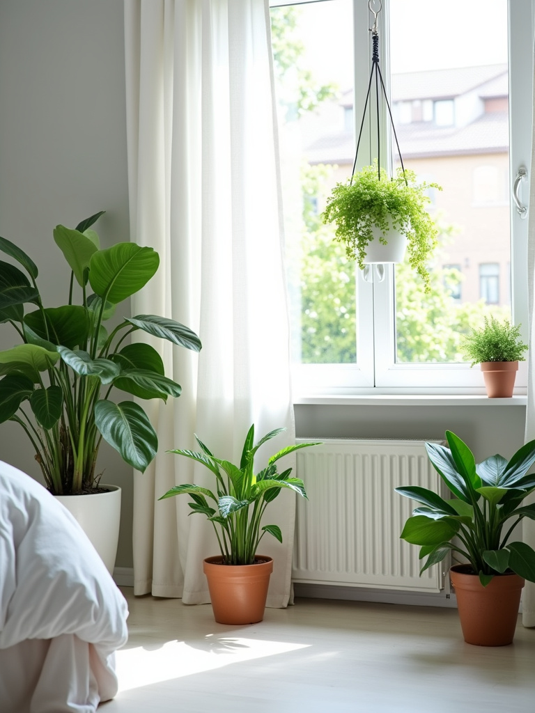White bedroom filled with various green plants, bringing life and freshness to the space.