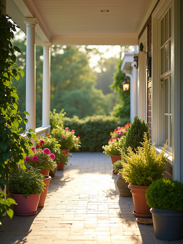 A vibrant back porch with a variety of potted plants.