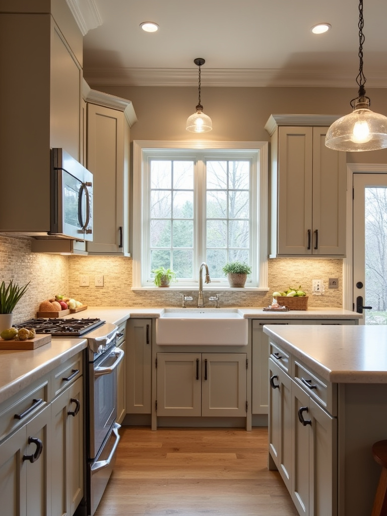 Warm greige kitchen with shaker cabinets and farmhouse sink.