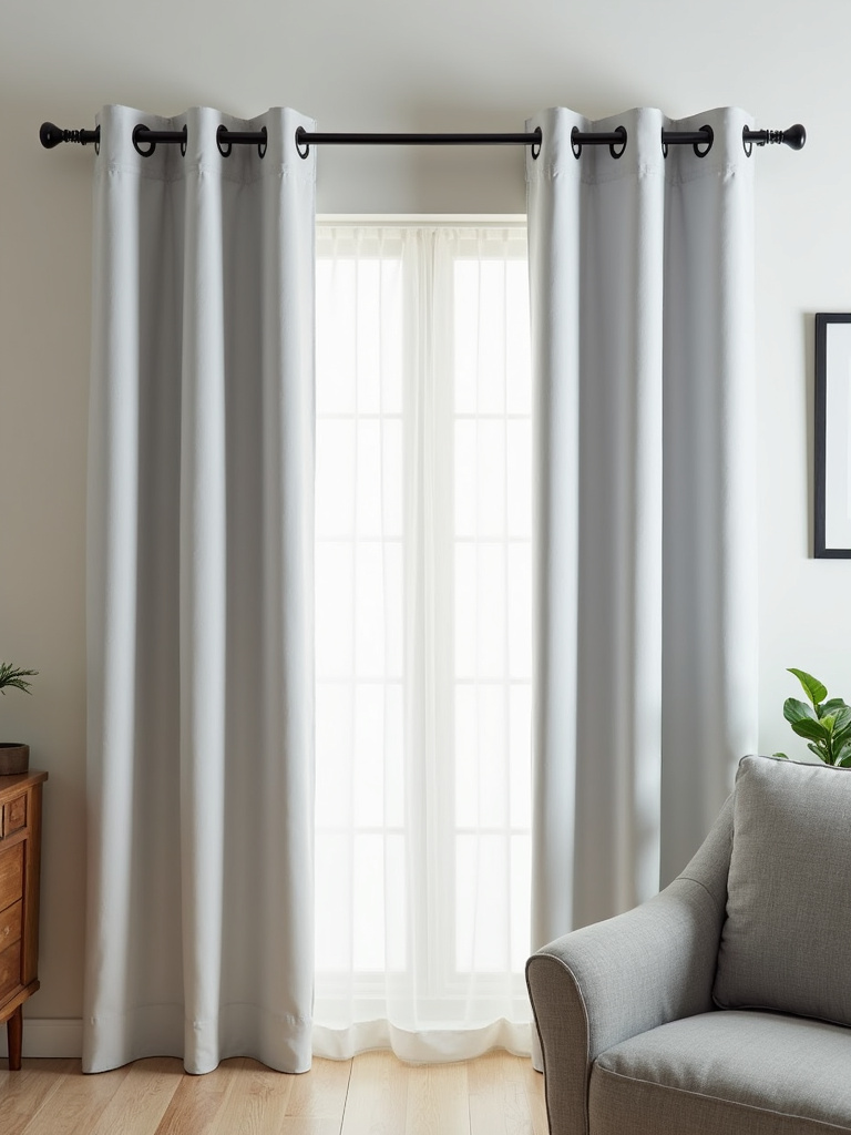 Light grey grommet curtains with smooth pleats and metallic grommets on a metal rod in a contemporary living room