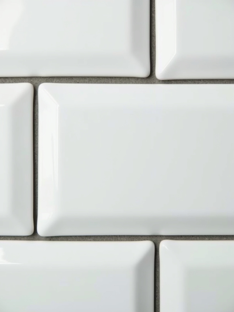 Close-up detail of white subway tiles with contrasting dark gray grout, emphasizing the tile pattern.