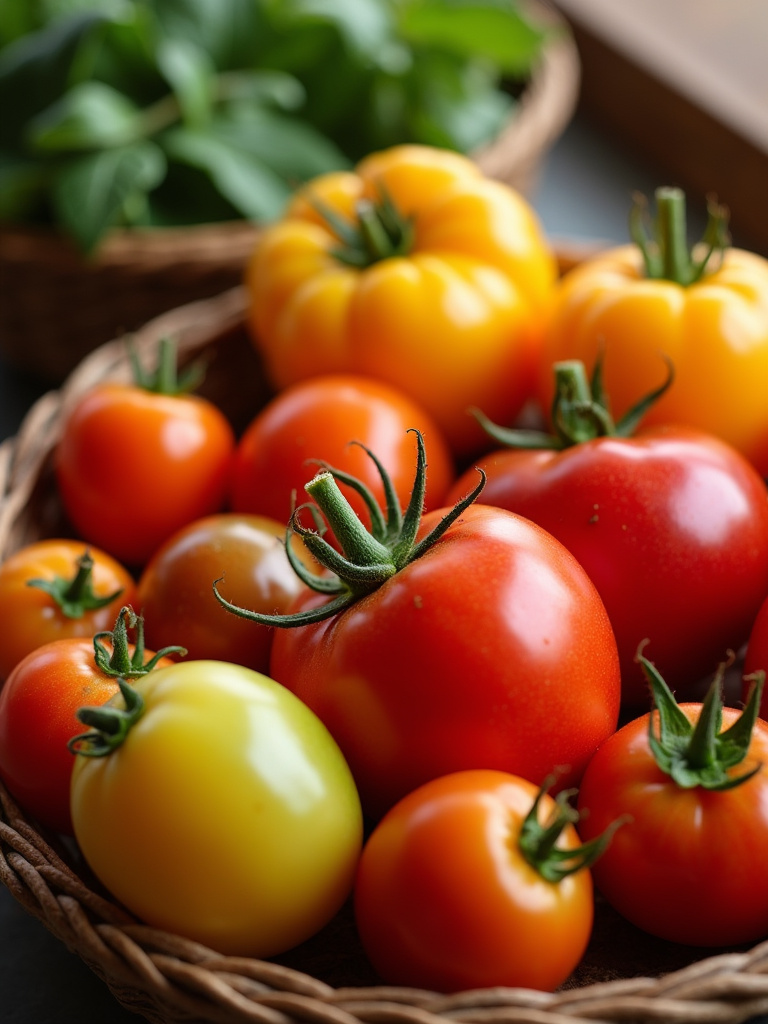 Basket overflowing with a variety of colorful and uniquely shaped heirloom tomatoes, showcasing their diversity.