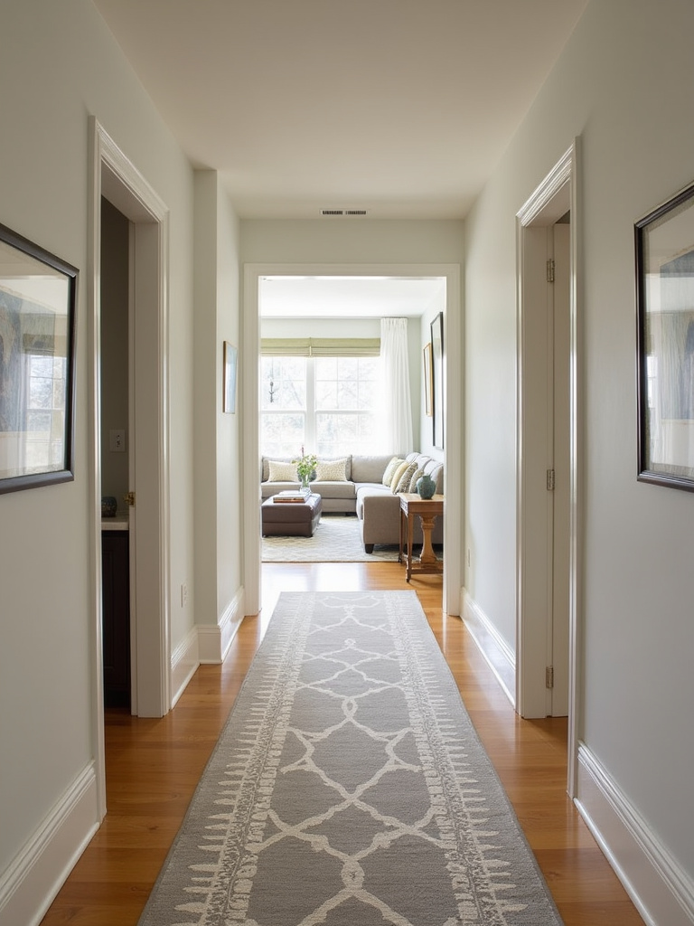 Hallway leading into a living room, visually guided by a patterned runner rug.