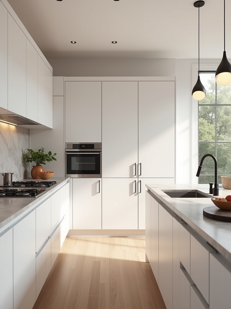 Modern kitchen with handleless white cabinets, marble countertops, and pendant lighting over a kitchen island, showcasing a seamless design.