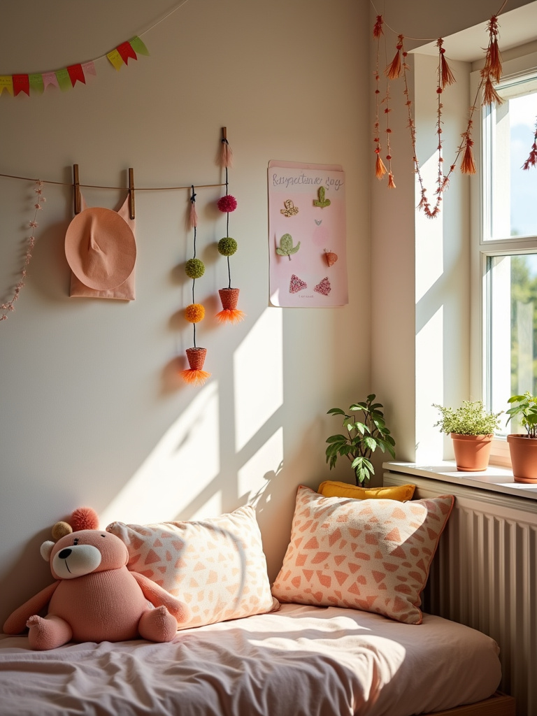 Kids bedroom with handmade DIY decor projects created by children.
