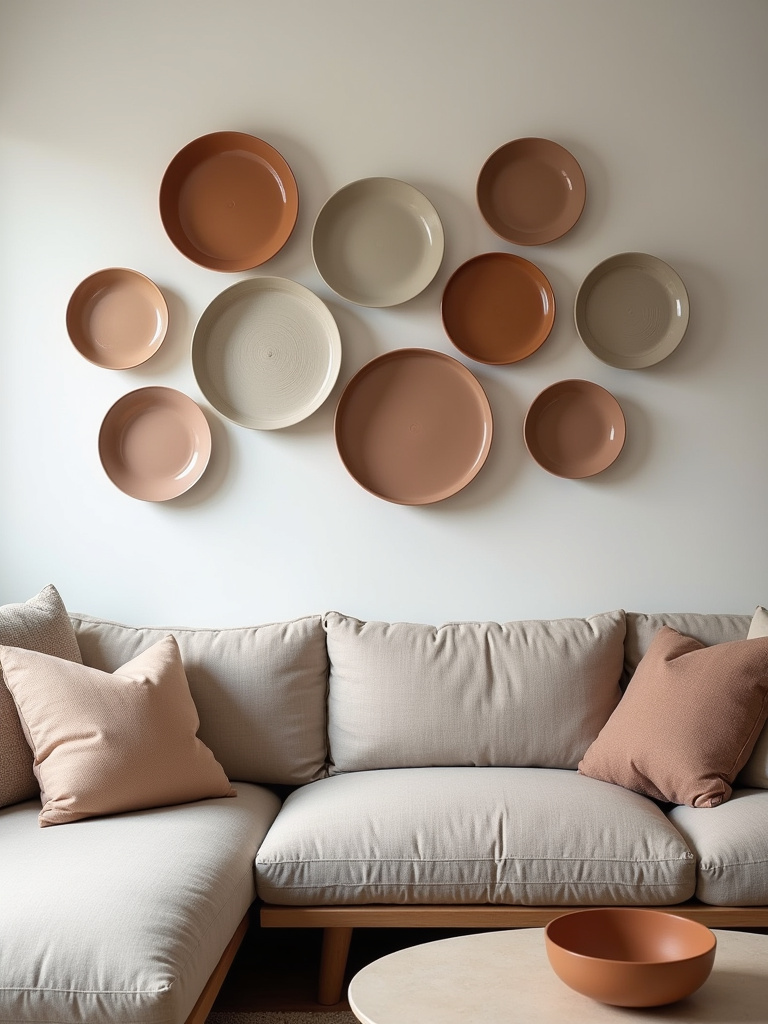 A living room wall showcasing a display of handmade pottery plates in various earthy tones and designs.