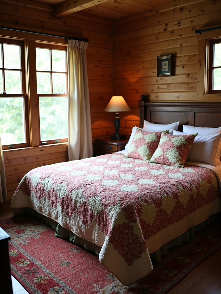 Rustic bedroom with a handmade quilt on the bed.