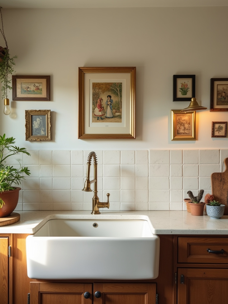 A kitchen featuring a framed print above the sink and a gallery wall of smaller artworks.