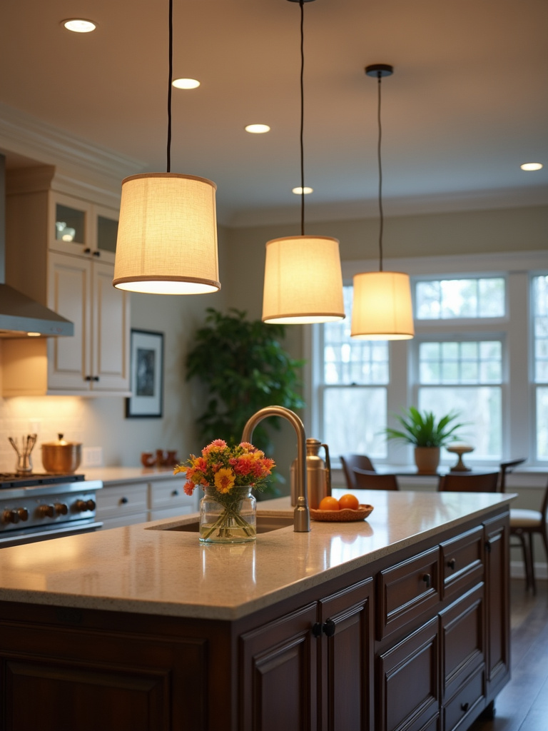 Elegant fabric pendant lights over a traditional kitchen island.