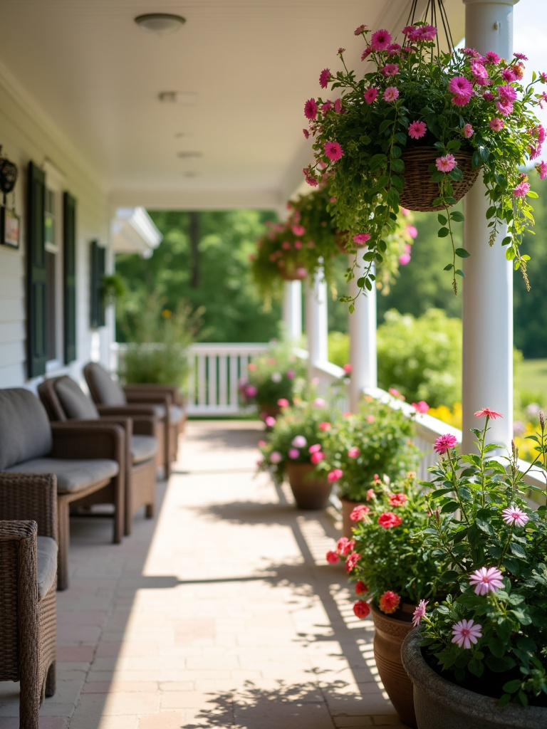 A charming back porch with hanging planters adding depth and visual appeal.
