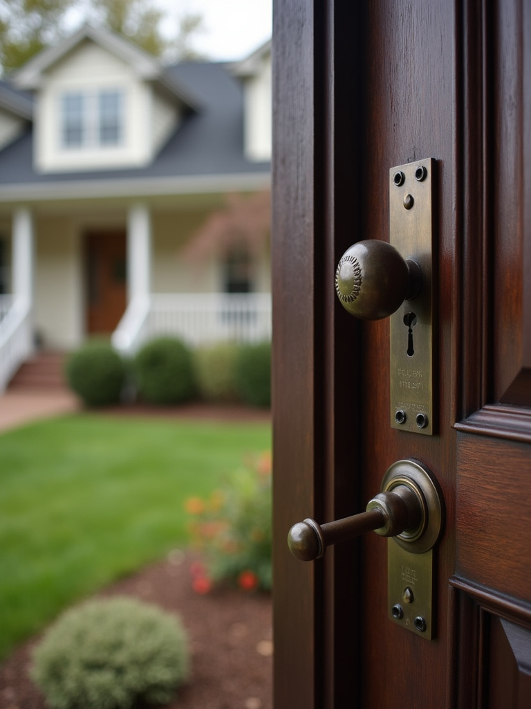 A dark wooden front door with elegant oil-rubbed bronze door hardware details.