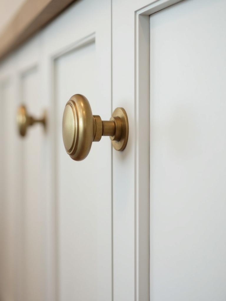 Close-up of kitchen cabinets with stylish brass knobs and pulls, showcasing a simple hardware refresh for an instant style upgrade.