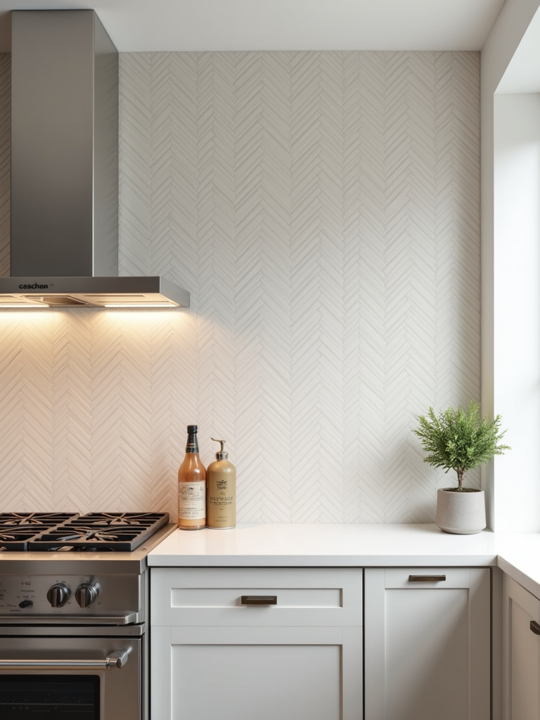 A contemporary kitchen featuring a classic herringbone tile backsplash, displaying the detailed tile arrangement.
