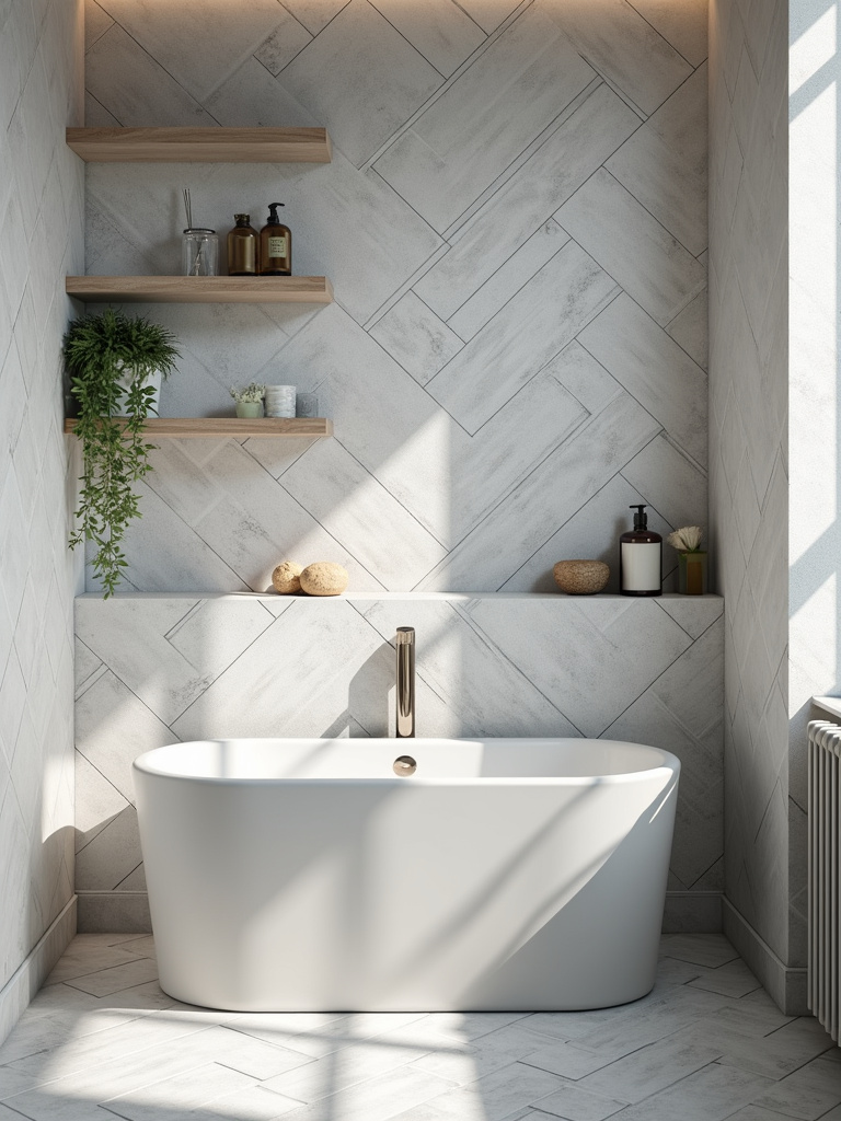 A full view of a bathroom wall featuring a herringbone tile pattern using gray tiles, with soft, natural lighting.