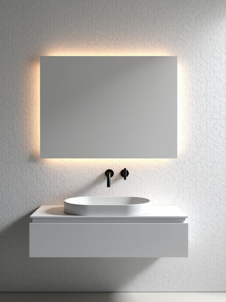A modern bathroom with light gray hexagon tiles, enhanced by even studio style lighting.