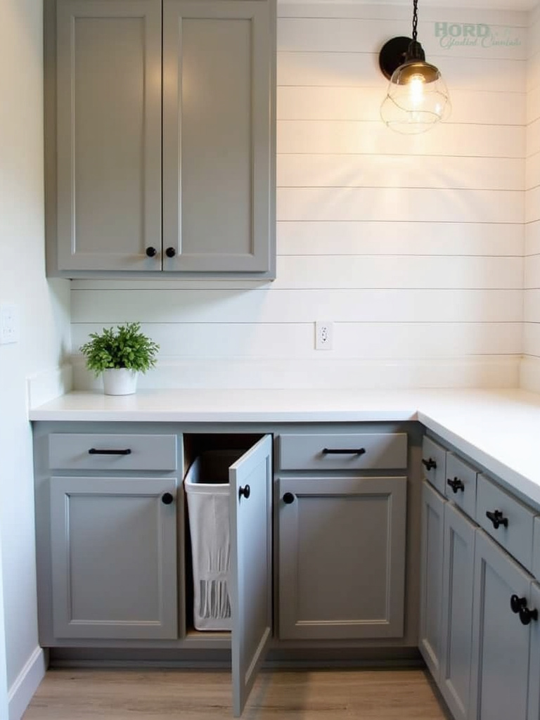 A farmhouse laundry room with grey cabinets featuring hidden pull-out hampers, demonstrating a clever way to conceal laundry and maintain a tidy space.