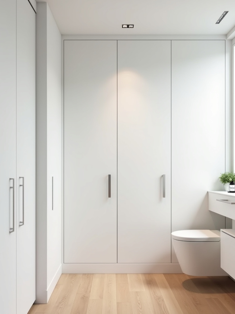 Minimalist bathroom with seamless white wall panels concealing hidden storage.