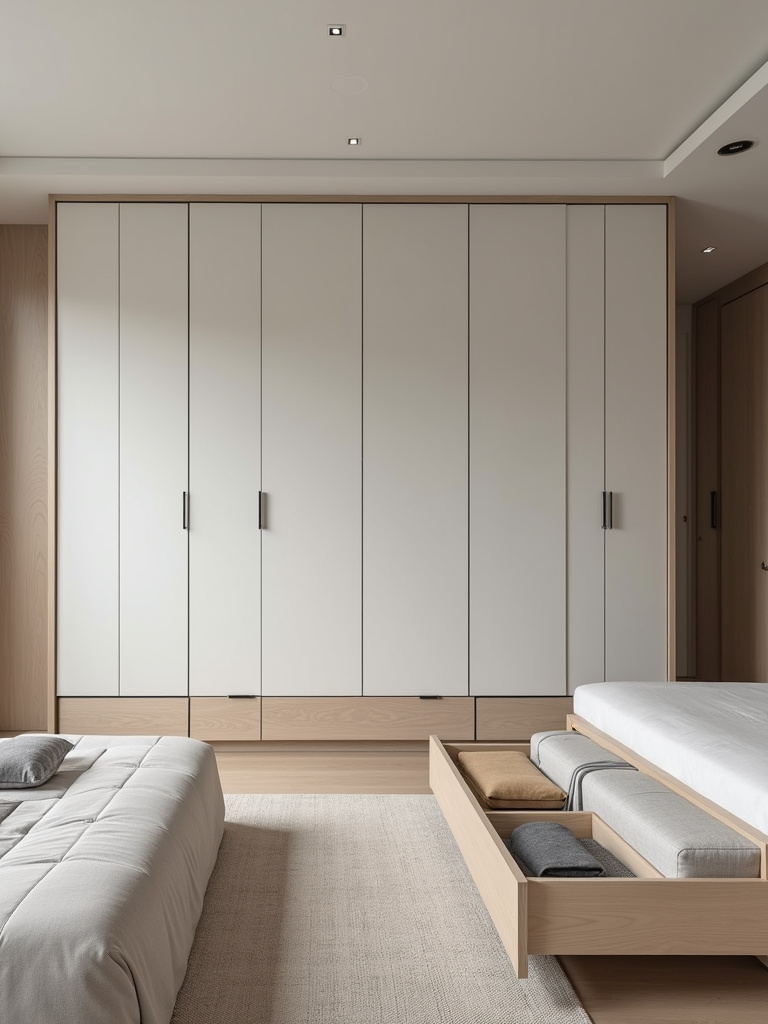 Modern bedroom featuring hidden storage solutions like under-bed drawers and a minimalist closet.