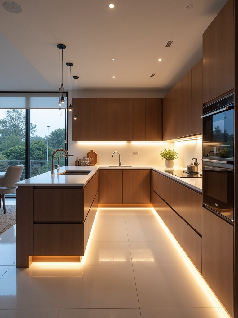 Modern luxury kitchen demonstrating the use of subtle, hidden recessed lighting that illuminates the counters.