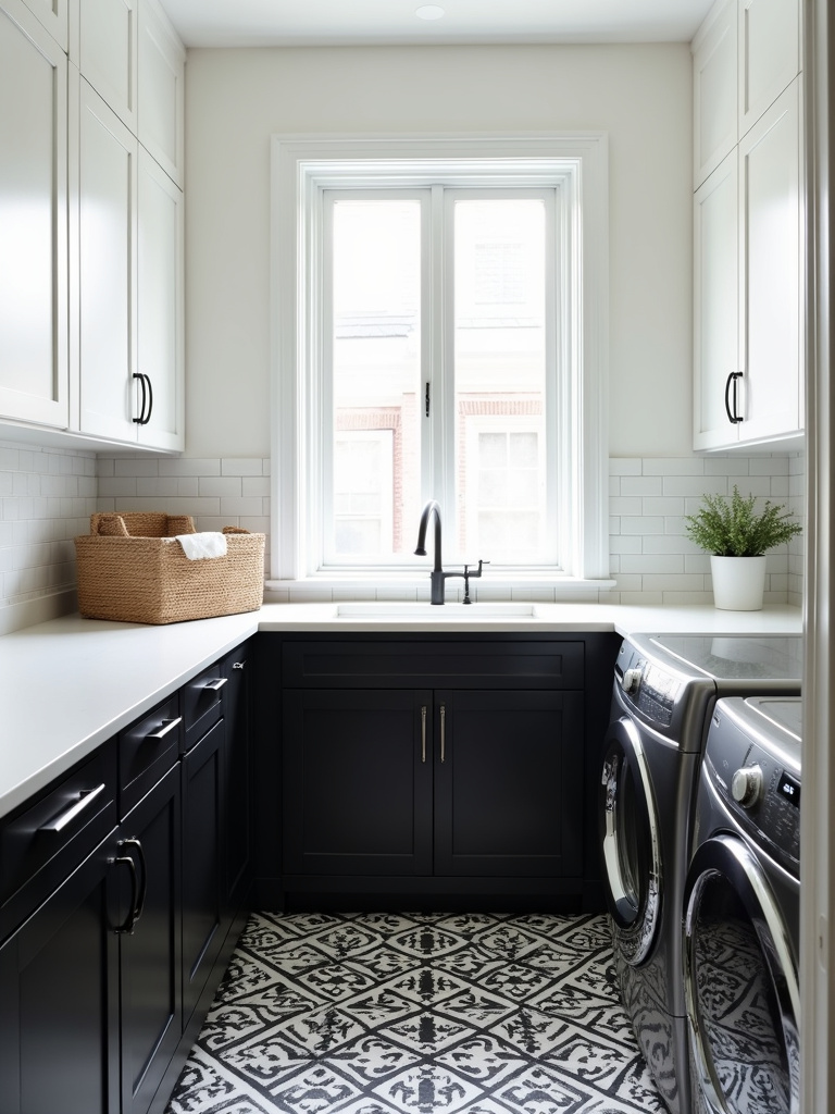 “Chic black and white laundry room with bright light, featuring black and white cabinets, a white countertop, stainless steel appliances, and graphic black and white patterned floor tiles.”