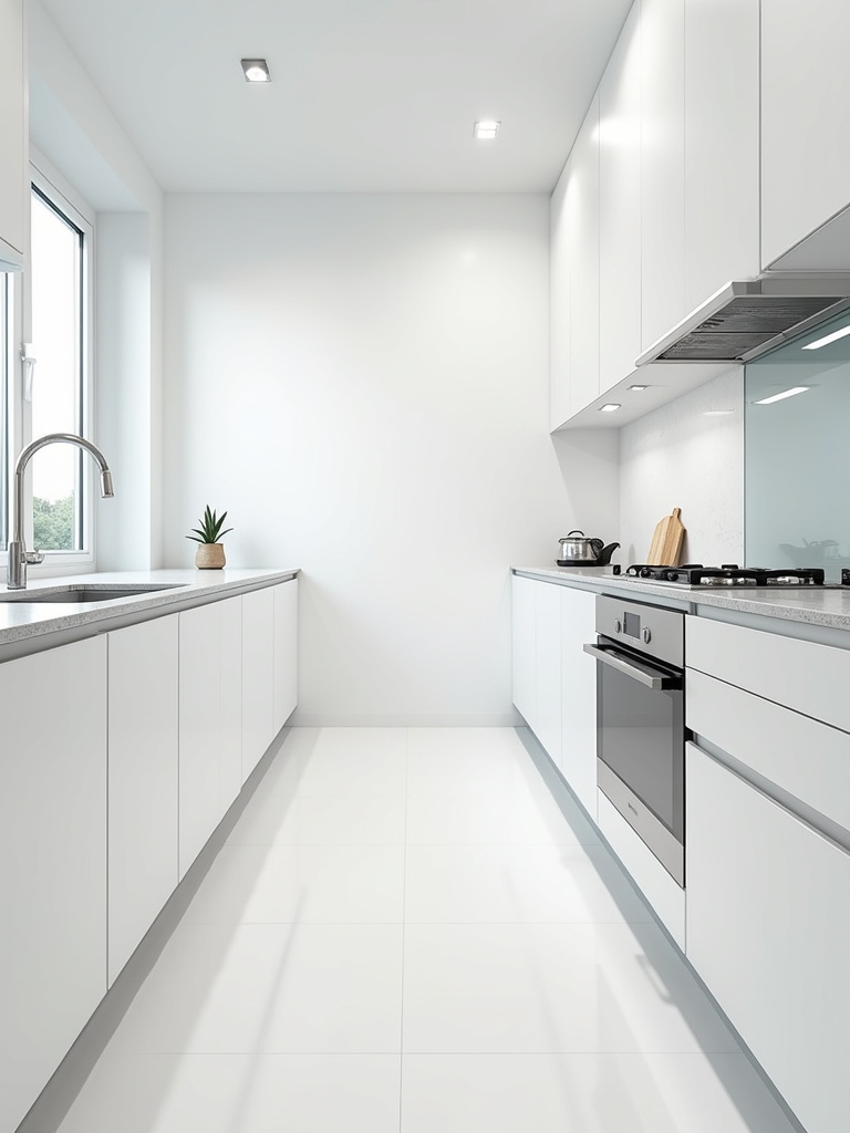 Modern kitchen with high-gloss white laminate cabinets, stainless steel appliances, and glass backsplash, showcasing a clean and reflective aesthetic.